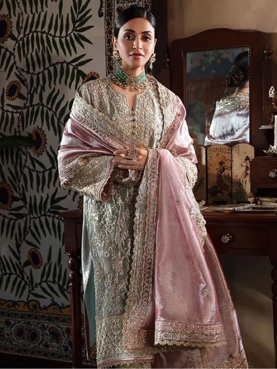 Mushq Dresses & Skirts - MUSHQ Embellished silk dress in Shimmering Aqua silver&tissue heavy work dupatta